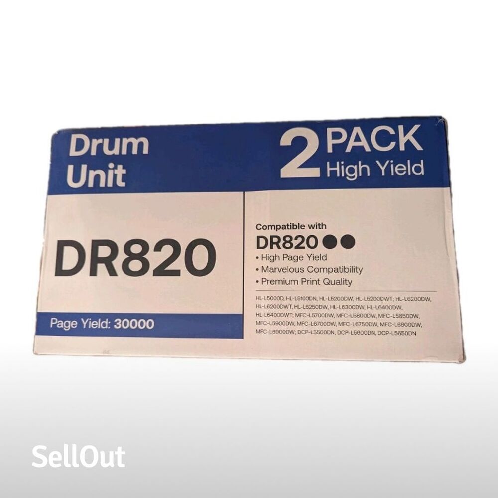 2 Pack High Yield DR820 Drum Unit for Brother Printers Black